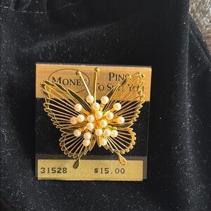 Elegant Gold Butterfly Brooch with Pearls